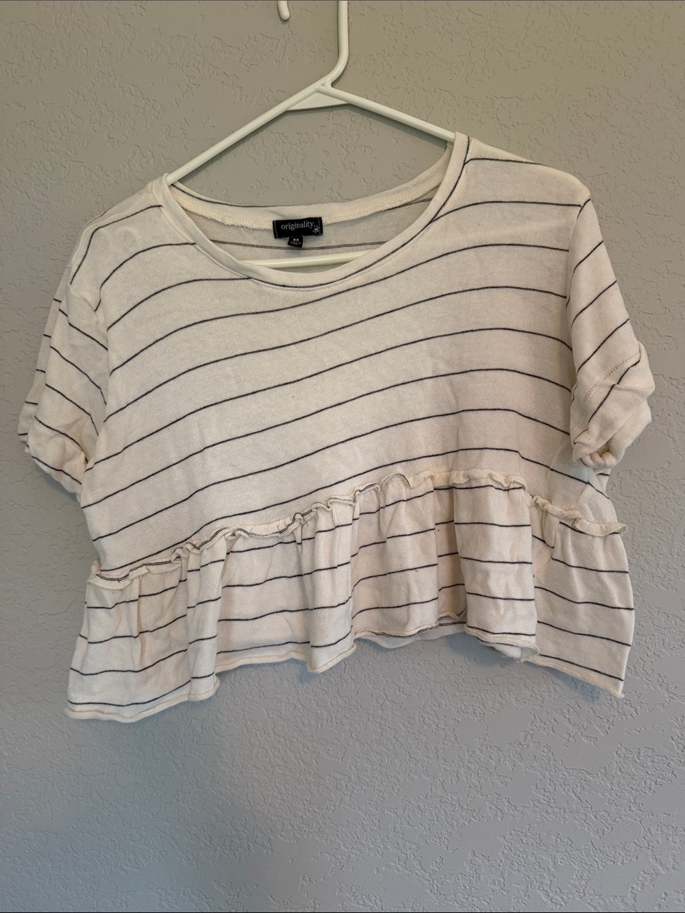 Striped Cream Ruffle Hem Crop Top